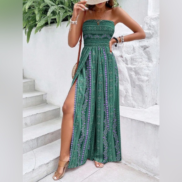 Boho paisley gypsy print slit leg jumpsuit strapless red - Picture 3 of 3